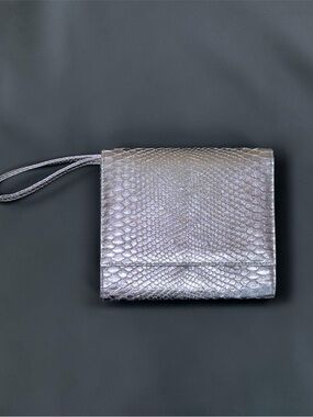Neiman Marcus Iridescent Pewter Snake-Embossed Wristlet Clutch